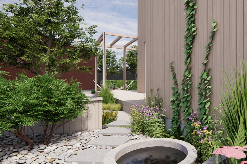 Uudiskohteen pihasuunnitelma Oulussa – puutarha ja oleskelualue.