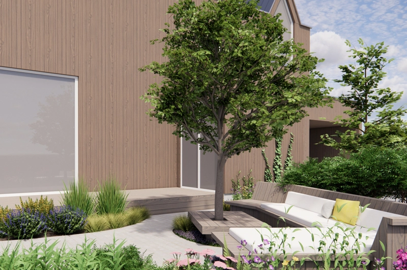 Uudiskohteen pihasuunnitelma Oulussa: Pihan oleskelualueet, dynaaminen istutussuunnitelma