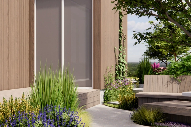 Vihersuunnitelma uudiskohteen pihassa: istutusalue, ulkosohva ja oleskelupiha.