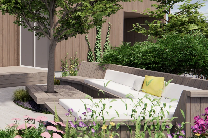 Moderni puutarhapiha uudiskohteessa Oulussa.