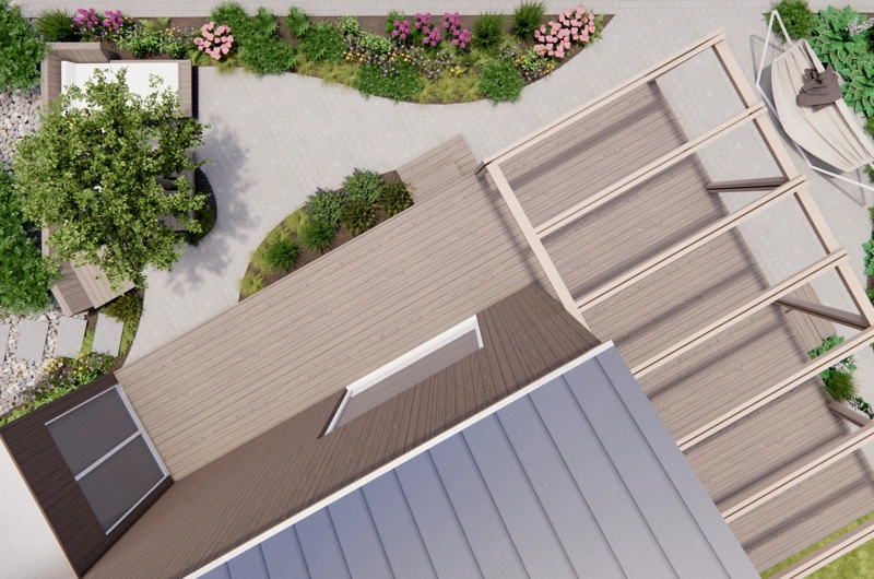 Asuntomessut Oulussa: Pihan oleskelualueet, terassi, monilajinen istutus, pihakiveys, kiinteät pihakalusteet