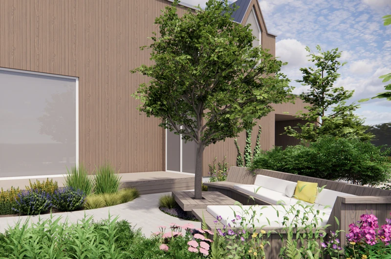 Moderni puutarha osana uudiskohteen pihasuunnitelmaa Oulussa.