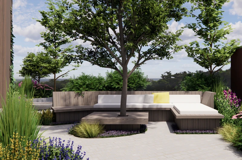 Moderni puutarhapiha Oulussa – uudiskohteen pihasuunnitelma, vihersuunnitelma ja dynaaminen istutusalue.