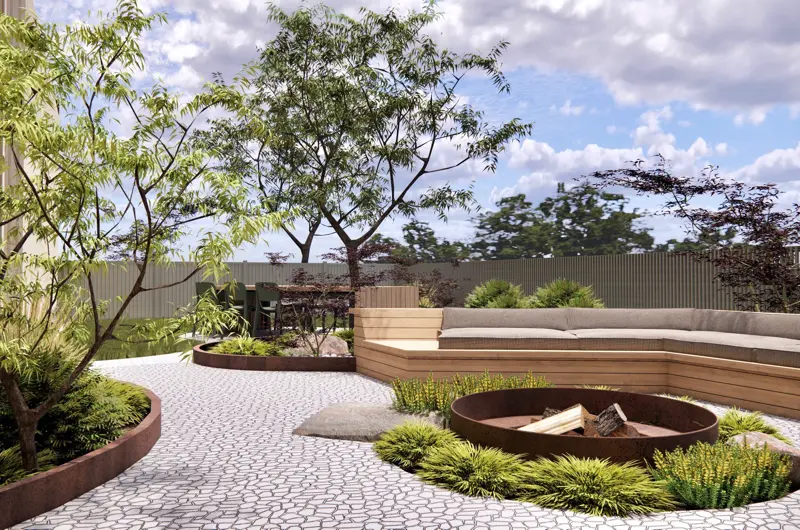 Uudiskohteen pihasuunnitelma Oulussa: Pihan oleskelualueet, terassi, corten-teräs