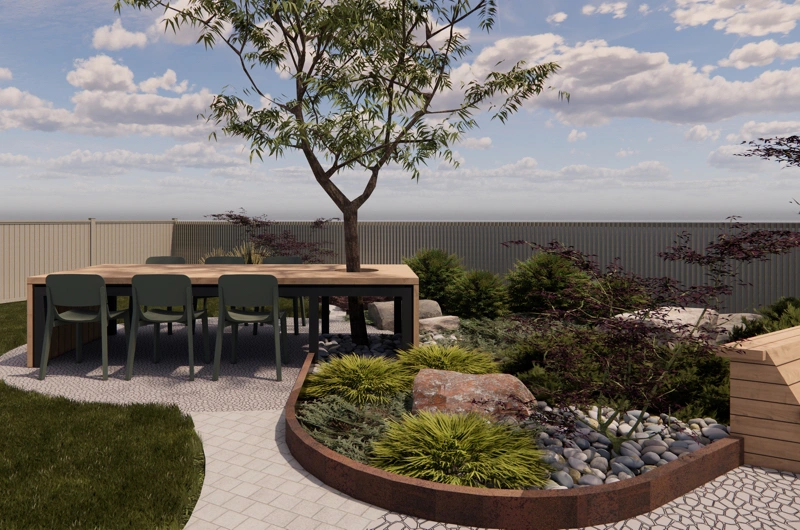 Uudiskohteen piha Oulussa – moderni ja toiminnallinen pihasuunnitelma.