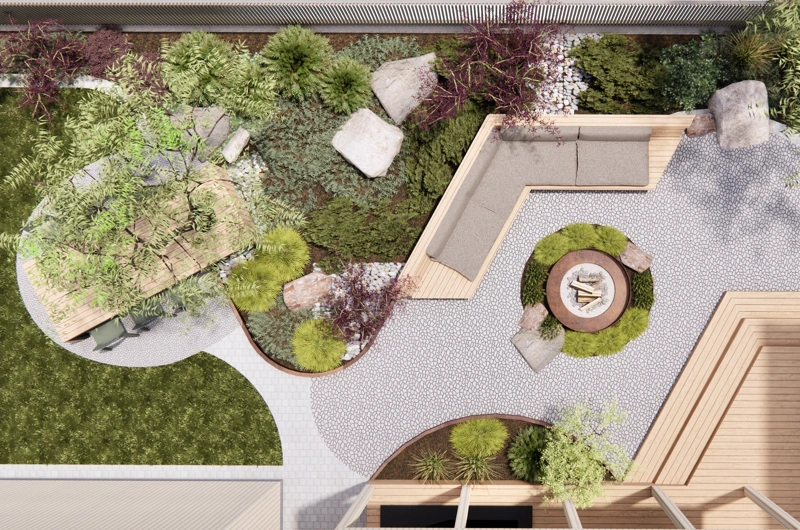 Moderni oleskelupiha Asuntomessuilla Oulussa – corten-rajaukset, selkeälinjainen pihakiveys ja integroidut pihakalusteet.