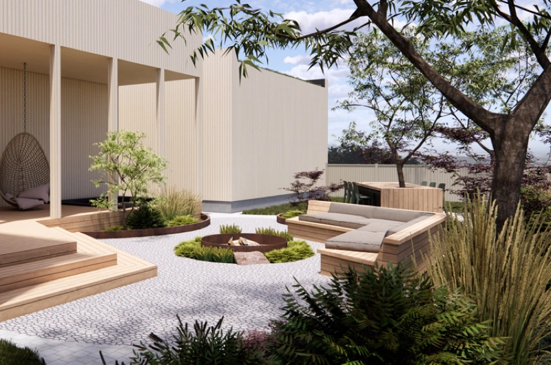 Moderni pihasuunnitelma Oulussa – oleskelupiha, nuotioalue ja kiinteät kalusteet.