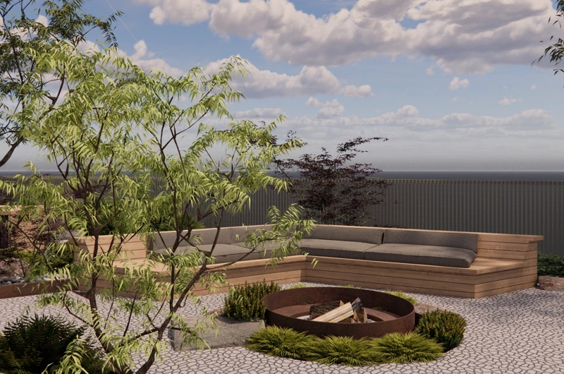 Moderni pihasuunnitelma, jossa kiinteät kalusteet ja huoliteltu pihakiveys.