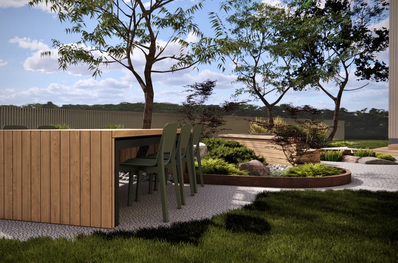 Moderni oleskelupiha osana uudiskohteen pihasuunnitelmaa Oulussa.