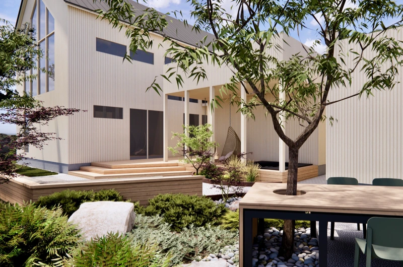 Uudiskohteen pihasuunnitelma Oulussa: moderni oleskelupiha ja nuotioalue.