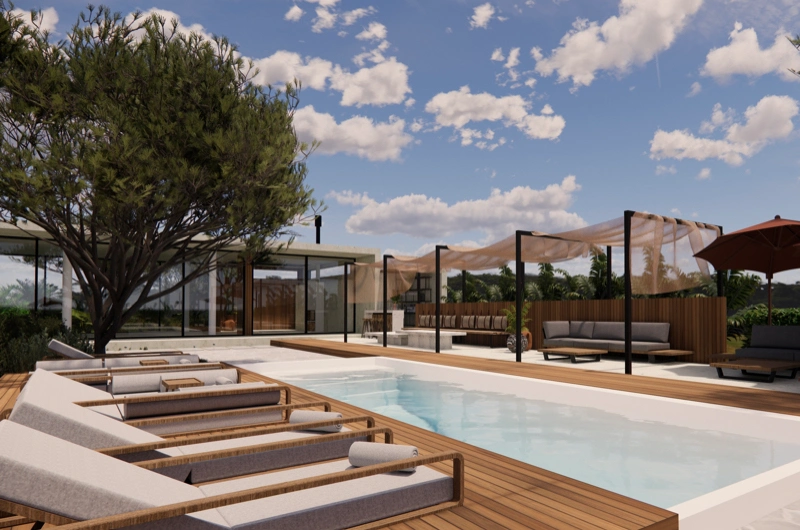 Terrace and swimming pool area in a landscape design – sun loungers and inviting lounge courtyard on a modern outdoor space.