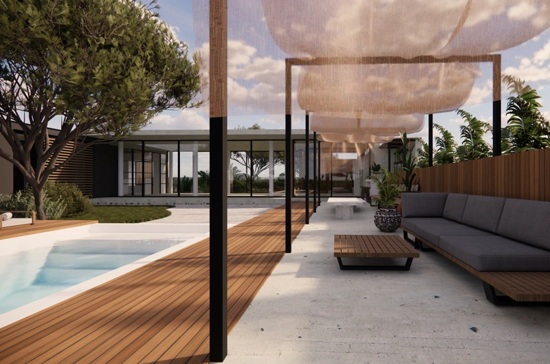 New-Build Courtyard Design: Hotel Grounds with Serene Inner Courtyard and Inviting Swimming Pool