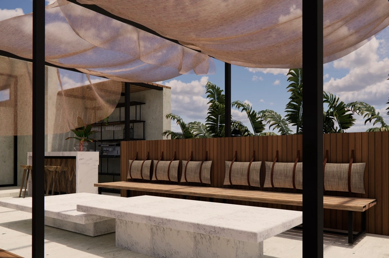 Hotel lounge courtyard – pergola and canopy in a modern landscape design.