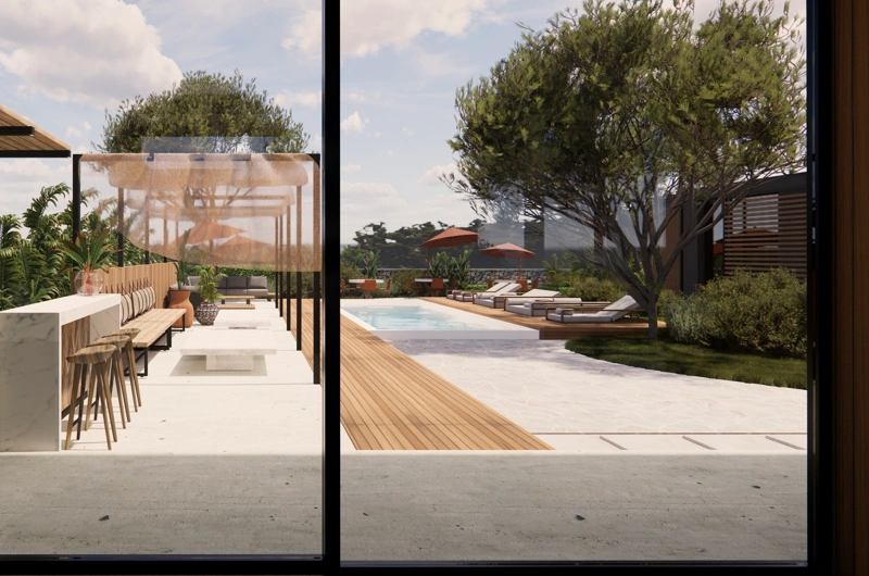 Modern landscape design for a new development by a landscape architect – swimming pool and inviting lounge courtyard in a contemporary outdoor space.