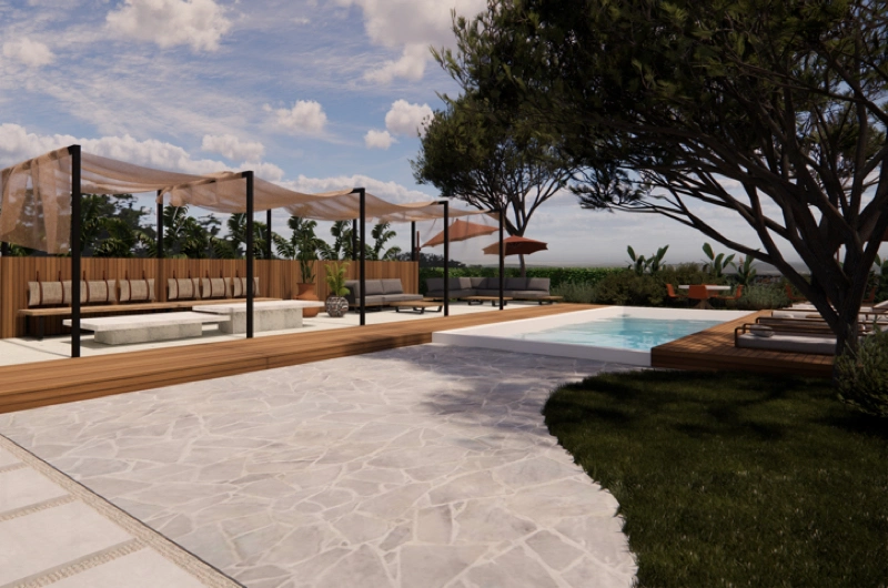 Modern landscape design by a landscape architect – pergola, paved courtyard, and swimming pool in an inviting outdoor space.