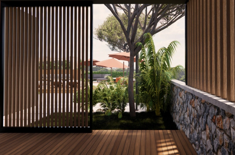 Terrace in landscape design – slatted structure, sun umbrellas, and inviting outdoor lounge area.