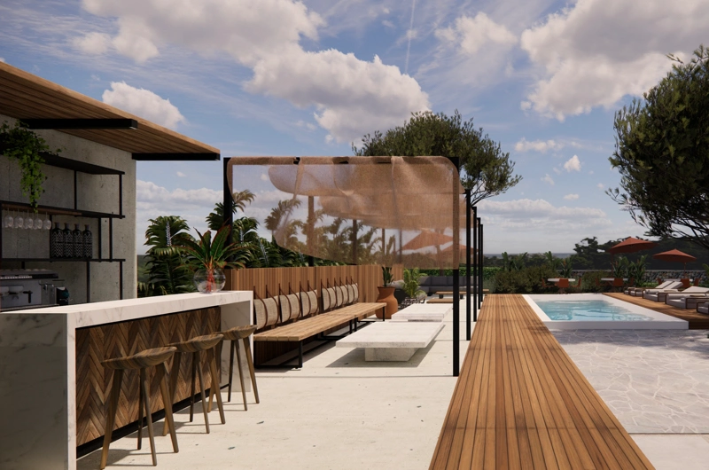 Hotel swimming pool area designed by a landscape architect – pergola, sun loungers, and bar in a stylish outdoor space.