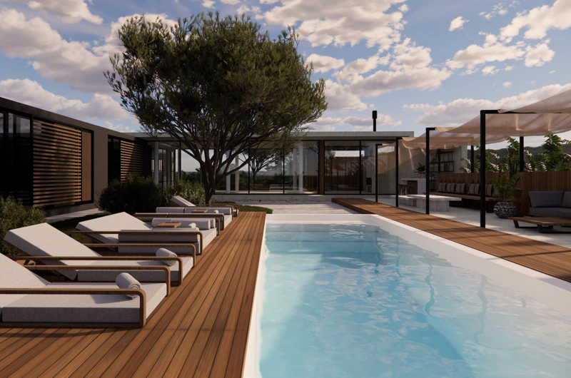 Swimming pool area, terrace, and lounge courtyard in a new development landscape design – modern and inviting outdoor space.