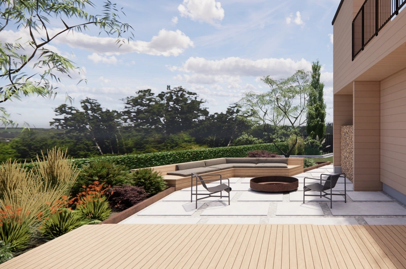 Moderni uudiskohteen pihasuunnitelma Oulussa – huoliteltu piha ja viihtyisä ulkoalue.