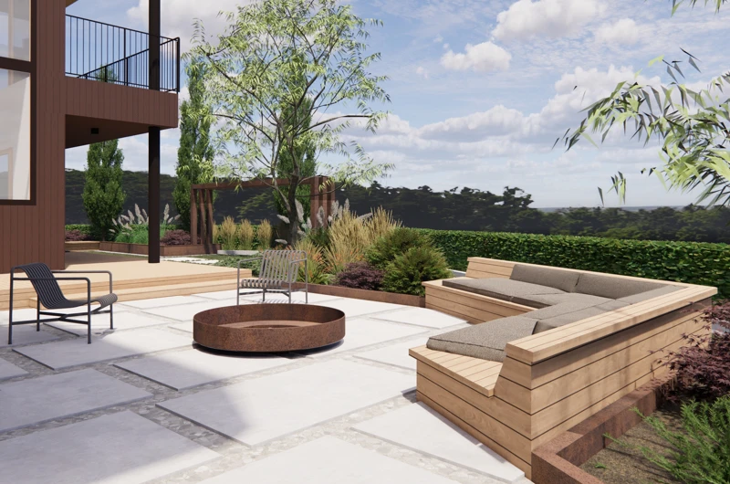 Uudiskohteen pihasuunnitelma Oulussa: Pihan oleskelualueet, terassi, corten-teräs