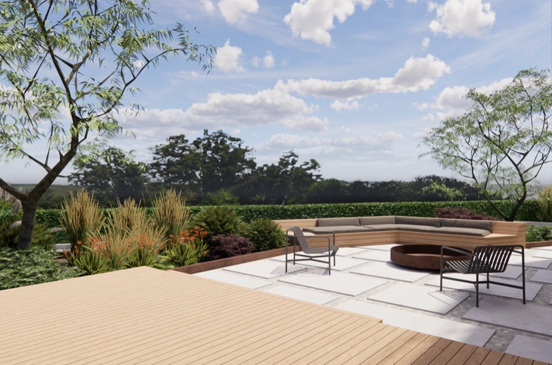 Oleskelupiha Oulussa pihasuunnittelijan toteuttamana – patio ja huoliteltu pihakiveys modernissa pihasuunnitelmassa.