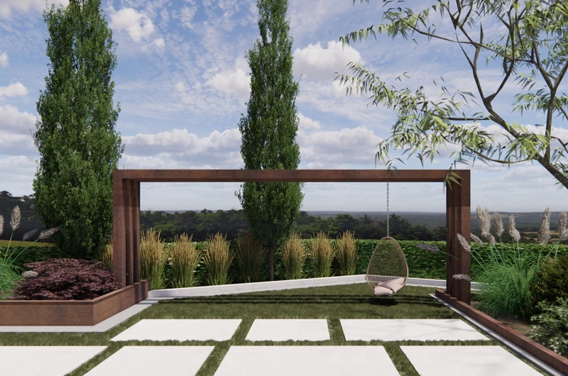 Uudiskohteen pihasuunnitelma Oulussa: Pihan oleskelualueet, terassi, corten-teräs, pergola