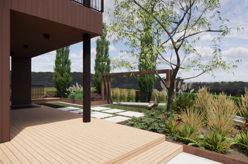 Moderni puutarhapiha Oulussa pihasuunnittelijan toteuttamana – terassi, pergola, corten-istutusallas ja huoliteltu istutusalue.