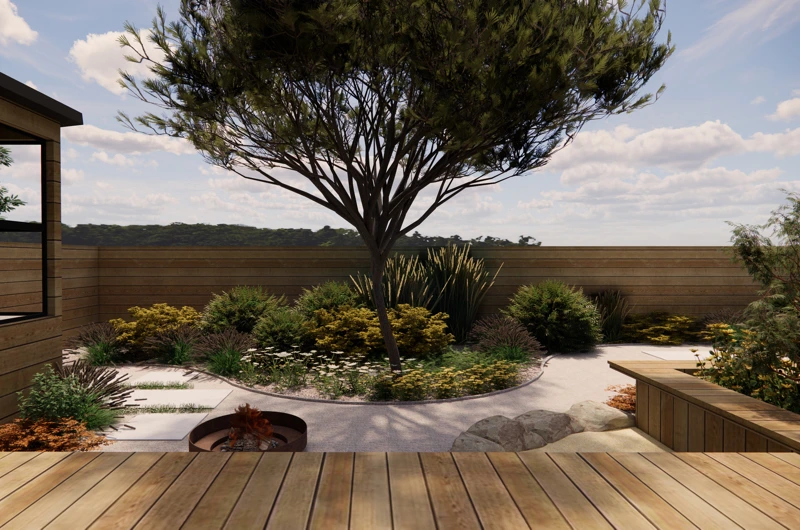 Pienen pihan pihasuunnitelma - koristepuu ja huoliteltu istutussuunnitelma.