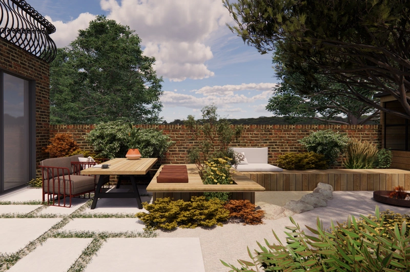 Paritalopihan pihasuunnitelma: Pieni piha, oleskelupiha, lasten leikkialue