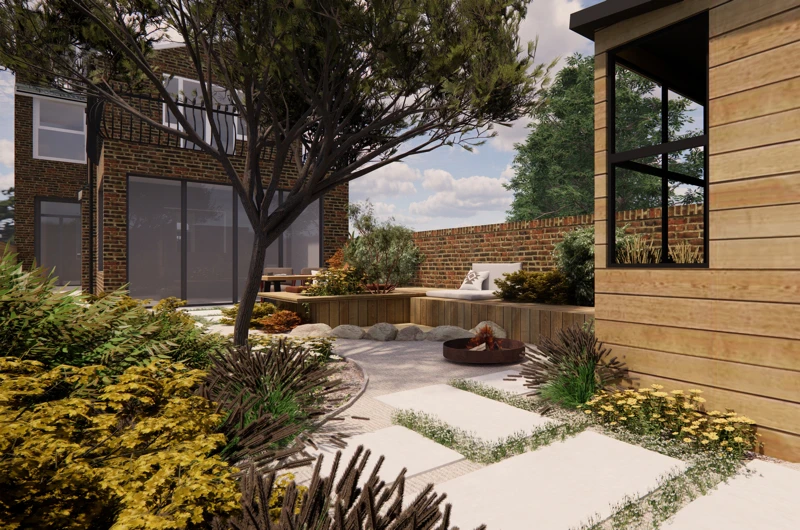 Paritalopiha Espoossa pihasuunnittelijan toteuttamana – dynaaminen istutusalue ja viihtyisä oleskelupiha.