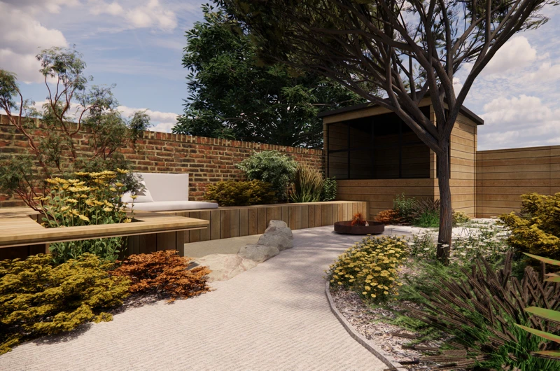 Paritalopihan pihasuunnitelma: Pieni piha, oleskelupiha, lasten leikkialue, istutusalue