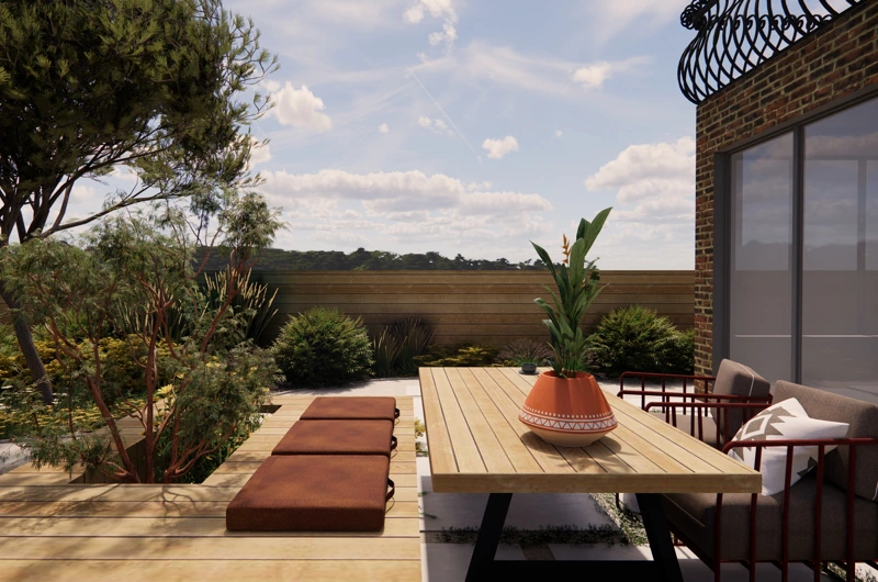 Rivitalopihan pihasuunnitelma - Perhepiha modernissa pihasuunnitelmassa – ulkoruokailualue, puutarhapöytä ja viihtyisä oleskelutila.