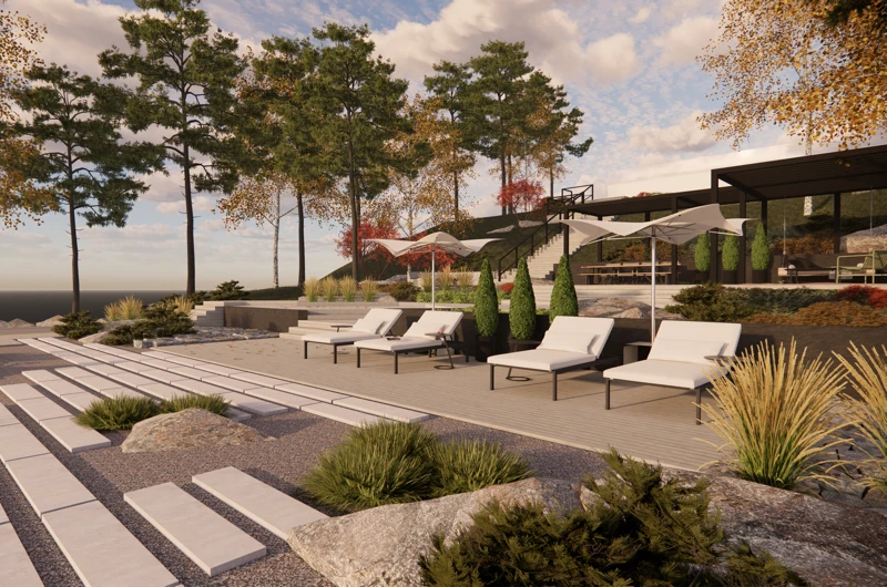 Rantaterassi ja patio aurinkotuoleilla Turussa – aurinkotuolit, terassi, patio ja askelkivet osana pihasuunnittelijan toteuttamaa pihasuunnitelmaa.