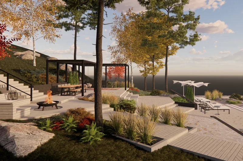 Merenrannan pihasuunnitelma Turussa – terassi, patio, pergola, nuotiopaikka ja askelkivet viihtyisällä rantapihalla.