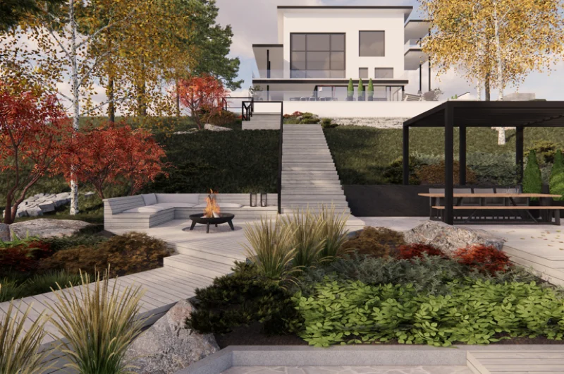 Rinnepihan pihasuunnitelma Turussa - meren rannalla sijaitseva uudiskohteen pihasuunnitelma, jossa pergola, terassi, tulistelualue.