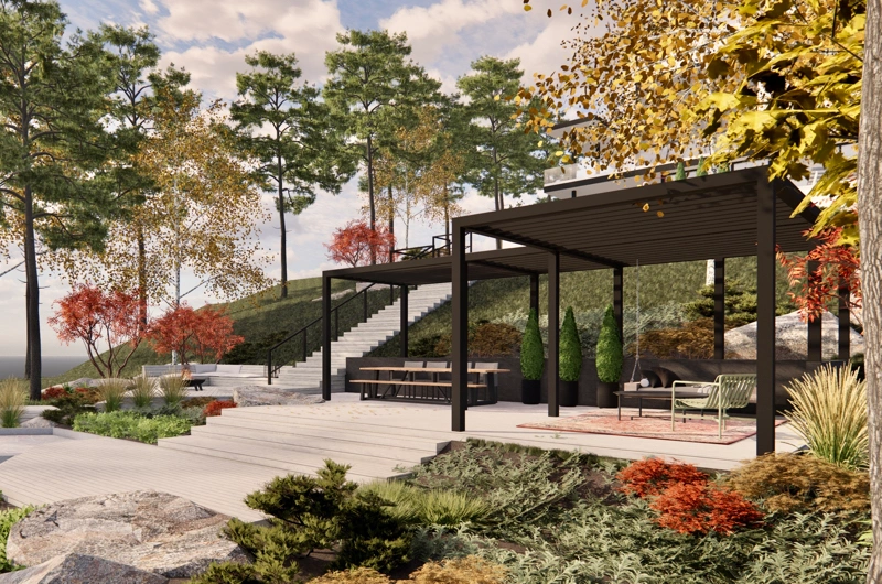 Uudiskohteen pihasuunnitelma Turussa: uudiskohde, merenranta, pergola, terassi, tulistelualue