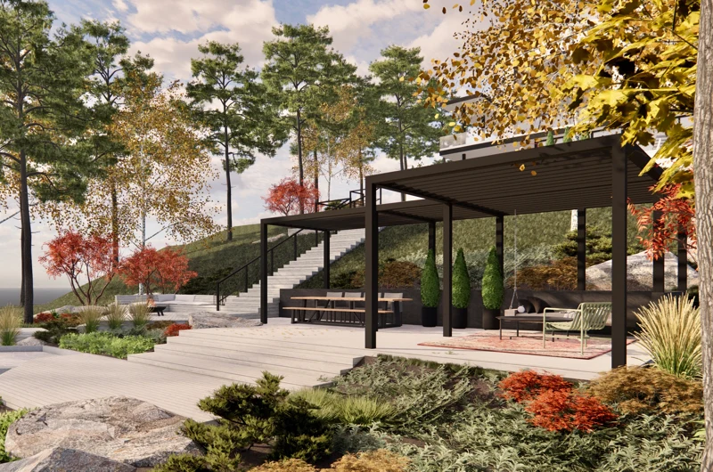 Moderni rinnepiha uudiskohteessa Turussa – terassi, pergola ja viihtyisä oleskelualue osana pihasuunnittelua.