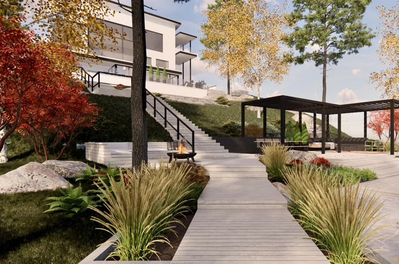 Uudiskohteen pihasuunnitelma Turku - rinnepihan terassi ja porraskulku rinteessä, oleskelupiha, rantaterassi, nuotioalue.