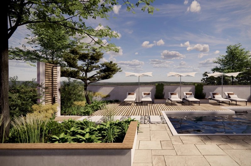 Vapaa-ajan asunnon pihasuunnitelma Espoo: uima-allas, terassi, oleskelupiha