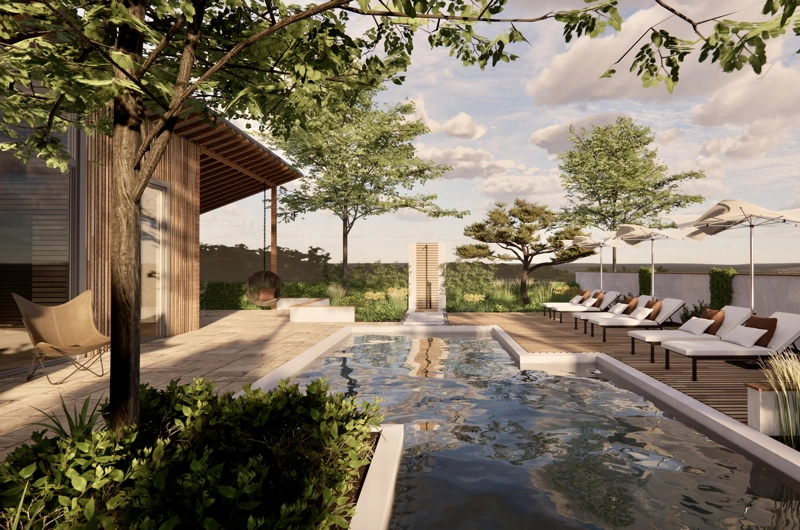 Vapaa-ajan asunnon pihasuunnitelma Espoo: uima-allas, terassi, oleskelupiha