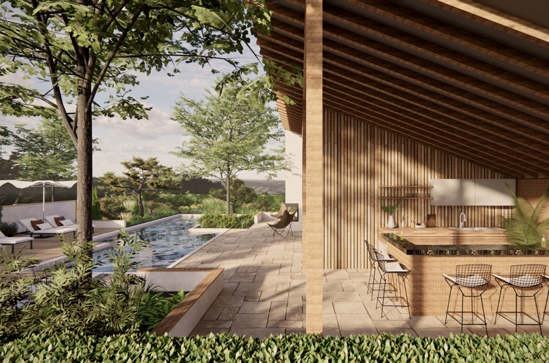 Vapaa-ajan asunnon pihasuunnitelma Espoo: uima-allas, terassi, oleskelupiha