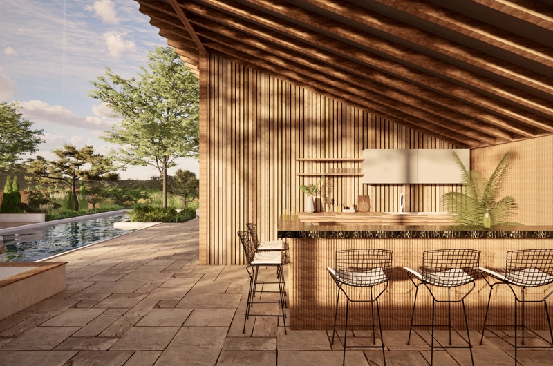 Vapaa-ajan asunnon pihasuunnitelma Inkoo: uima-allas, terassi, oleskelupiha