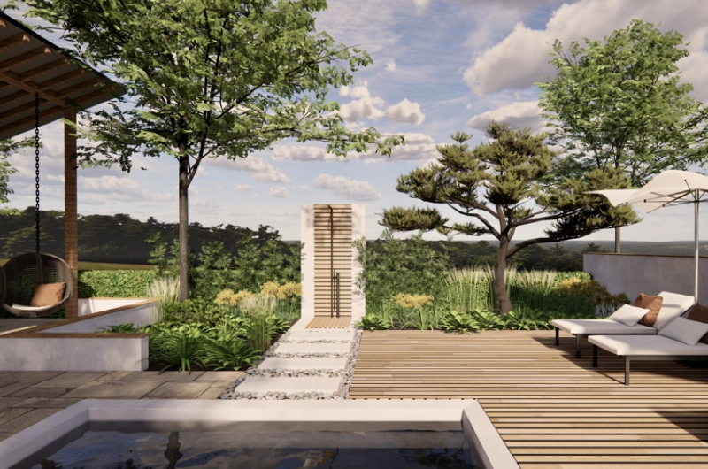 Vapaa-ajan asunnon pihasuunnitelma Turku: uima-allas, terassi, oleskelupiha