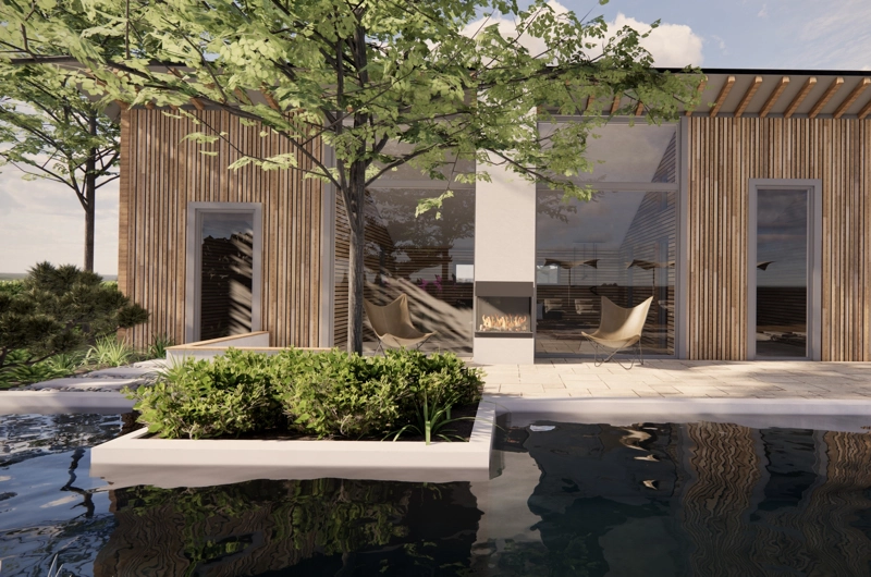 Vapaa-ajan asunnon pihasuunnitelma Tampere: uima-allas, terassi, oleskelupiha