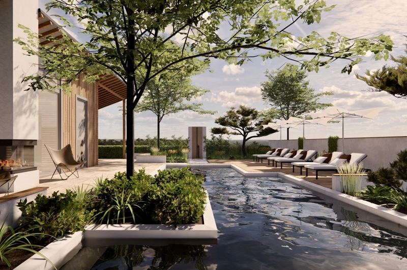 Vapaa-ajan asunnon pihasuunnitelma Espoo: uima-allas, terassi, oleskelupiha