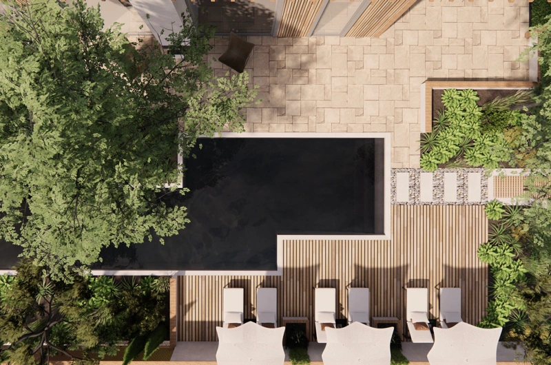 Vapaa-ajan asunnon pihasuunnitelma Espoo: uima-allas, terassi, oleskelupiha