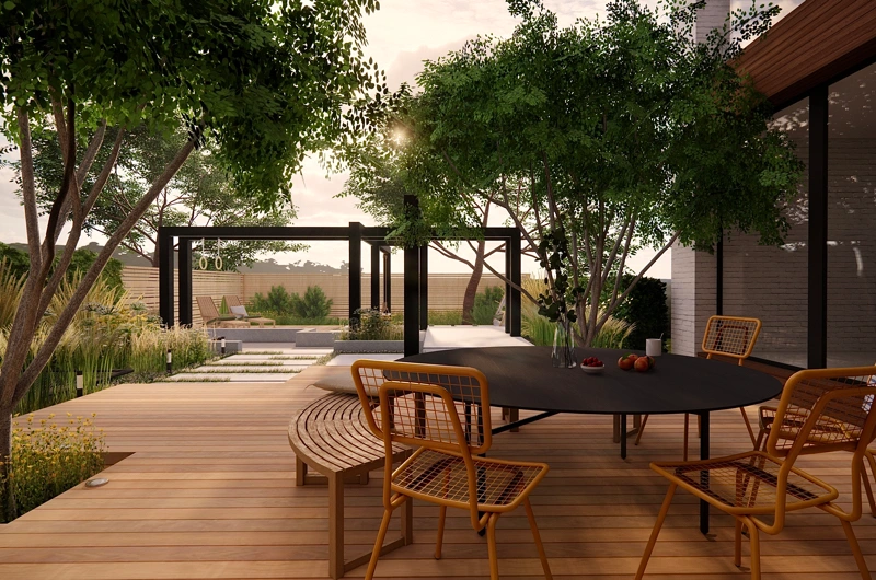 Uudiskohteen pihasuunnitelma Uusimaa: lapsiperheen piha, terassi, oleskelupiha, leikkialue, pergola