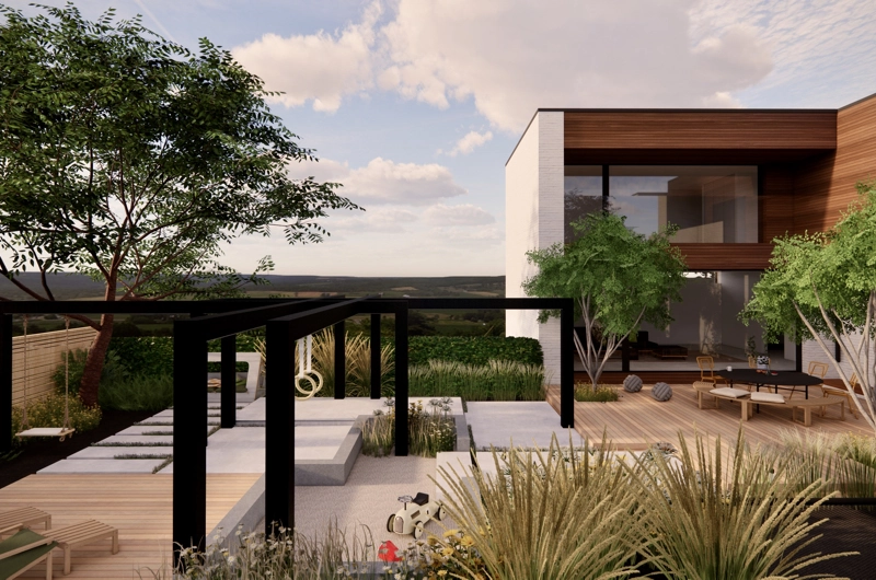 Uudiskohteen pihasuunnitelma Espoo: lapsiperheen piha, terassi, oleskelupiha, leikkialue, pergola