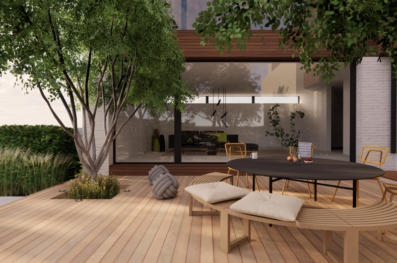 Uudiskohteen pihasuunnitelma Uusimaa: lapsiperheen piha, terassi, oleskelupiha, leikkialue, pergola