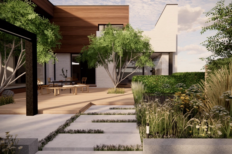 Uudiskohteen pihasuunnitelma Uusimaa: lapsiperheen piha, terassi, oleskelupiha, leikkialue, pergola